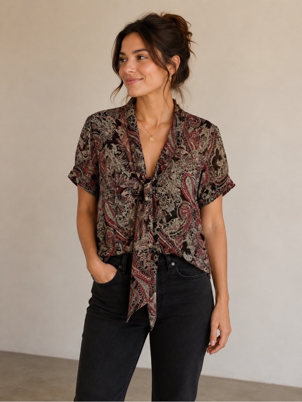 Paisley Tie-Neck Short Sleeve Top - Black & Burgundy